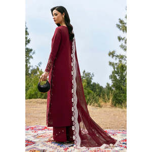 QALAMQAR Ensemble 3 pièces en mousseline de soie brodée, chemise brodée, dupatta brodée en tulle Khaadi, pantalon brodé - BIC-4695 - Product Image 4