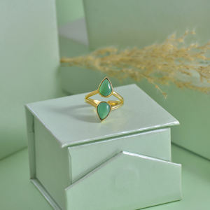 Natural green onyx gemstone <b>ring</b> dual stone adjustable <b>ring</b> solid <b>brass</b> fashion jewelry gold plating <b>ring</b> for gift - Product Image 4