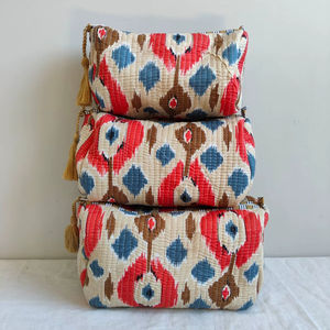 Set Of 3 Cotton <b>Quilted</b> Makeup Bag & Organizer Cotton Toiletry Case Travel Bag Ikat Print Makeup Bag Toiletries Organizer Bag - Product Image 1