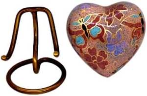 Classic Heart Shape <b>Keepsake</b> Urn for Human Ashes with <b>Box</b> and Stand - Lovely Brown Floral Design 7 cms high - Product Image 4