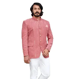 Dark Navy Blue Woven Italian Jodhpuri Suit Stand-up Collar Indo Western Men's Wear Designer Wear Mens Suit For Parties Events