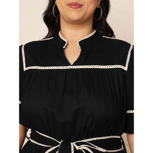 Vestido Deebaco para Mujer, Talla Grande, Negro, Cuello Marinero, Manga Abullonada, Corte en A, Largo hasta la Rodilla, Ribete en Contraste, Estilo Casual, Vestido Occidental de una Pieza - Product Image 2