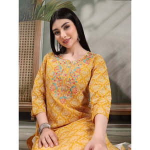 Kurta Recta para Mujer con Estampado Floral y Bordado, Cuello Asimétrico con Muescas, Algodón Puro Transpirable, Ajuste Holgado, Talla XL - Product Image 2