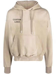 Sudadera con cordón unisex beige personalizada Logo en relieve hombro caído Sudadera con capucha de peso pesado de gran tamaño para hombres - Product Image 2