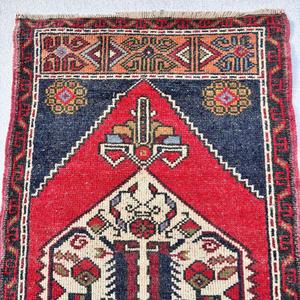 Vintage Rug, 2x4.2 ft Turkish Rug, <b>Red</b> Black Floral <b>Wool</b> Rug - Product Image 5