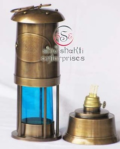 Wholesale Handmade Nautical Brass Antique Miners <b>Lamp</b> with Blue Glass Hanging Christmas Gift for Home Decor 10-Inch 660-Gram - Product Image 3