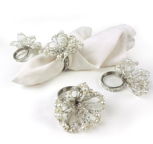 แหวนผ้าเช็ดปากลายดอกไม้มุกทันสมัยแหวนผ้าเช็ดปากดอกไม้สีขาวและสีเงินแหวนผ้าเช็ดปากลูกปัดแก้ว - Product Image 2