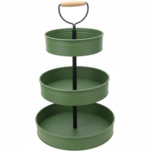 Modern Design <b>3</b>-<b>Tier</b> Green Powder Coating Iron Metal Serving Tray <b>Stand</b> With Wooden Handle And Black Poll In Center Round Shape - Product Image 1