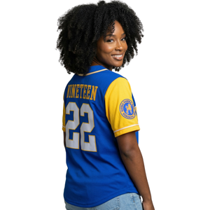 Maillot de baseball Sigma Gamma Rho bleu roi et or pour femme, avec lettres grecques, boutonné, vêtement de sororité SGR, coupe athlétique - Product Image 2