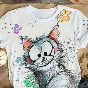 ใหม่เสื้อยืดคอกลมลำลองสำหรับผู้หญิงเสื้อยืดสีขาวโพลีเอสเตอร์95% ลายแมวระบายอากาศได้ดี - Product Image 1