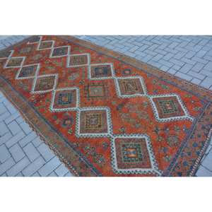 Alfombra Étnica Turca Vintage de 9x12 con Respaldo de Látex de Lana para Área Grande, Diseño de Retales Naranja y Beige, Estilo Rectangular para Pasillo - Product Image 4