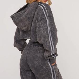 Manufacturer Applique Sweatsuit Acid Wash Cropped Hoodie and <b>Sweatpants</b> Set Tracksuit <b>for</b> <b>Women</b> - Product Image 6