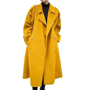 Último Modelo de Abrigo Tipo Gabardina para Mujer, Color Amarillo Liso, Talla Grande, Corte Holgado, Cuello Redondo, Transpirable, Mezcla de Lana - Product Image 1