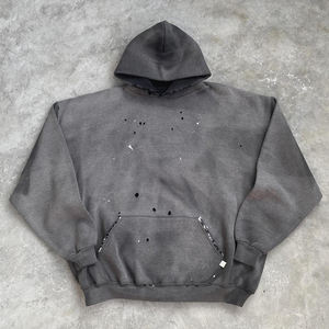 Jersey recortado desgastado vintage en blanco personalizado Sudadera con capucha desgastada con pintura lavada con ácido para hombre sin cuerda - Product Image 6