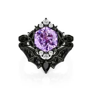 Jeulia <b>Gold</b> Plated Moissanite Fashion <b>Ring</b> <b>Set</b>-Gothic Black Celtic Twist with Purple Hexagon Cut Claw Inlay - Product Image 1
