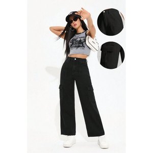 Jean cargo en denim noir taille haute pour femme, style Y2K, extensible, coupe décontractée, multi-poches, tendance, finition soignée - Product Image 6