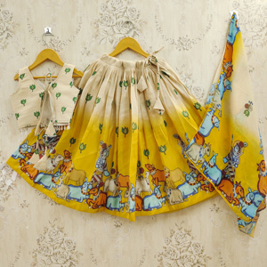 Shoryam - Lehenga Choli Largo hasta el Suelo de Poliéster Estampado Kamdhenu en Tonos Amarillos para Niñas, Ropa de Fiesta Infantil, Diwali, Bodas - Product Image 2