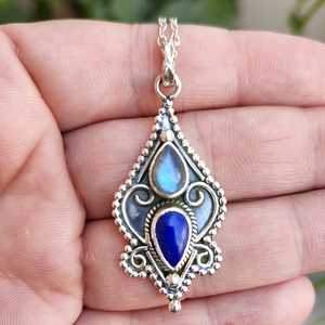 Collier en labradorite et lapis-lazuli, argent sterling 925, bijoux faits à la main avec perle, cadeau unique pour elle, anniversaire - Product Image 3