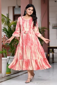 New Traditional Summer Wear Printed Cotton Long Sleeve O-neck Long Vintage Beach Maxi <b>Kurti</b> for Women - Product Image 2