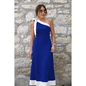 Robe asymétrique pour femme avec détail ruban, robe en crêpe importée bicolore, 34440 - Bleu Saks - Product Image 2