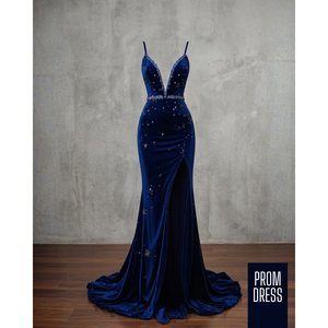 Starlight Navy Deep-Neck Trumpet/Mermaid Prom Dress Velvet Beaded Sequined Rhinestone Decoration Empire <b>Spaghetti</b> <b>Strap</b> Slit - Product Image 1