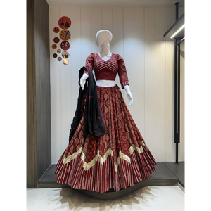 Conjunto de Lehenga Choli de Algodón con Estampado de Lámina, Diseño Tradicional Kutchhi, Vestido Reversible Largo Hasta el Suelo, Especial para Diwali - Product Image 1
