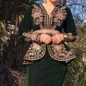 Elegant-Dark Bottle Green <b>Jacket</b> & Karakou Dress with Embellished Crystal Glass Beadsstone Dabka Work Made Silk <b>for</b> 2024 <b>Wedding</b> - Product Image 1
