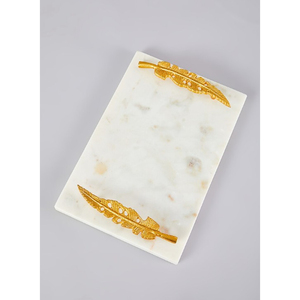 Elegant White Marble Serving Tray Gold Leaf Metal Handles Handcrafted Natural Stone Decorative Item for Home Hotel for Weddings - Product Image 4