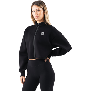 Womens Cropped Zip Jacket <b>Black</b> <b>Long</b> <b>Sleeve</b> Structured Fit Minimal Athleisure Outerwear <b>Top</b> - Product Image 2