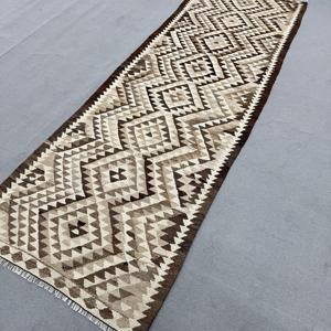 Vintage Runner Rug, 3.5x9.4 ft Turkish Rug, <b>Brown</b> Kilim <b>Wool</b> Rug - Product Image 2
