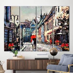 Toile imprimée : Amoureux sous l'ombrelle rouge, paysage urbain, art romantique, 4P : encadré - Product Image 1