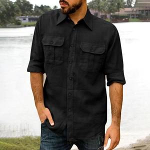 Camisa clásica de lino y algodón para hombre con solapa de doble bolsillo de manga larga-Tops casuales de moda para ropa masculina - Product Image 2