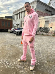 Venta al por mayor de los hombres de invierno Joggers Set Streetwear Chenille bordado Sudadera con capucha y pantalones de chándal liso teñido conjuntos de chándal - Product Image 3