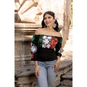 Vestido Floral Mexicano Bordado en el Hombro para Mujer, Estilo Étnico, Cintura Natural Fruncida, Manga Abullonada, 100% Algodón Ecológico - Product Image 1