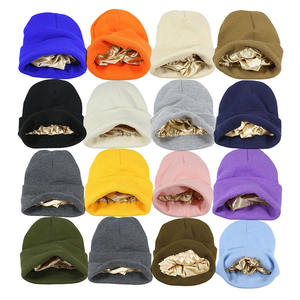 Venta al por mayor liso grueso puño acrílico sombrero gorros logotipo personalizado seda satén forrado Cable Toque gorro de punto para unisex - Product Image 1