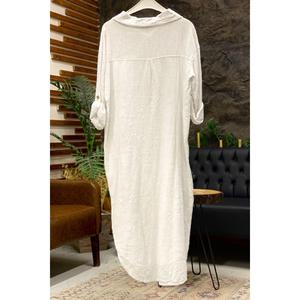 Yakalı Düğmeli Cepli Uzun Keten Elbise - Product Image 2