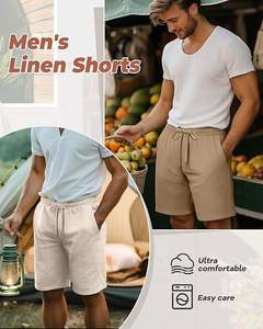 Lot de 3 shorts en coton et lin pour hommes, taille élastique, avec cordon de serrage, short de plage d'été au genou avec poche - Product Image 2