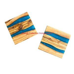 Handmade Wood Resin River Coaster <b>Set</b> Of 4 Unique <b>Square</b> Wood And Blue Swirling Resin Drink Coasters For Home & Table Protection - Product Image 4