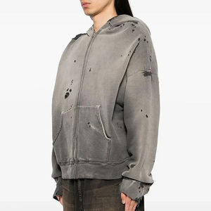 Custom Boxy Fit 500 Gsm Heavyweight Men Washed Hoodie Vintage Distressed Cropped Acid Wash Zip Up Hoodies - Product Image 3