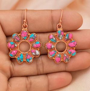 Boucles d'oreilles en coton turc turquoise, boucles d'oreilles en pierre rose et bleue, boucles d'oreilles en argent sterling 925, jaune et rose - Product Image 3