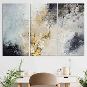 งานศิลปะปูนปลาสเตอร์ลายกราฟิกสีเทาและสีทอง: ภาพพิมพ์บนผ้าใบติดผนังสไตล์โมเดิร์น ชุดผ้าใบ 3 ชิ้น - Product Image 1