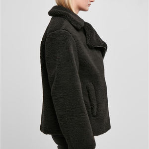 Veste moto en polaire noire pour femme, fermeture éclair asymétrique, vêtement d'extérieur en sherpa, manches longues, chaude, douce, élégante, décontractée, mode automne-hiver - Product Image 5