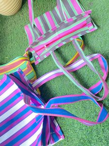 Bolsa de compras de nailon reutilizable ecológica con cremallera RPET Bolsas de playa de plástico recicladas tejidas a rayas hechas en la India - Product Image 2