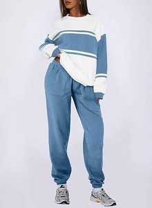 Survêtement deux pièces pour femmes de qualité supérieure 100% coton respirant contraste couleur surdimensionné Style uni techniques lavées - Product Image 6