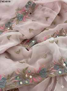 Sari indien fantaisie pour les fêtes, en georgette, avec des motifs Butta et des bordures en dentelle brodée multicolores, avec des volants et un travail de miroir original - Product Image 4