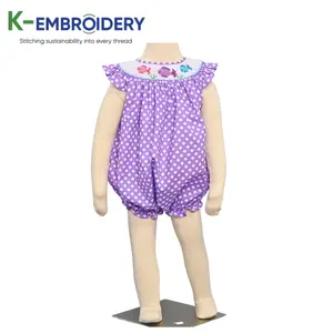 Gesmokte Kinderkleding Paarse Dot Gesmokte Vis Jumpsuits Speelpakken Bodysuits Hoge Kwaliteit Kinderkleding K-Borduurwerk