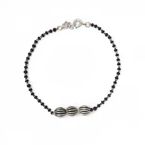 Bracelet perlé de style bohème vintage avec perles rayées argentées, perles noires, bijoux pour femmes, plaqué argent, argent 925, cadeau - Product Image 1