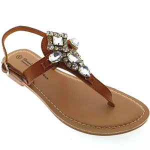 Western New Style Crystal Stone Trim Sandal Wholesale High Quality Fashion Premium Women Pure Leather Flat Sandal