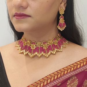 Indian Jewellery Manufacturers Gold Plated Crystal Choker <b>Necklace</b> Dangle Earring Mang Tikka Set, Pink - Product Image 2