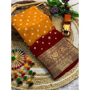 Sari Kanjivaram en soie pure brodée Banarasi Bandhej, vêtements de fête indiens et pakistanais, qualité supérieure - Product Image 3